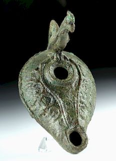 Roman Bronze Oil Lamp w/ Rooster Handle