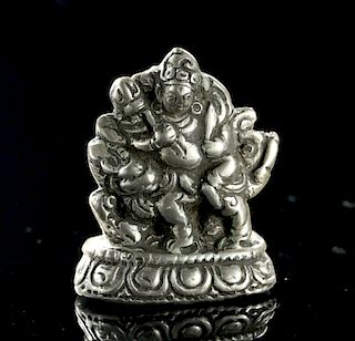 Miniature 19th C. Tibetan Silver Padmasambhava on Lion
