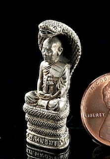 Early 20th C. Thai Silvered Bronze Amulet Buddha & Naga