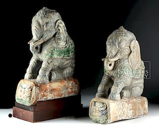 Rare 19th C. Chinese Wooden Roof Tiles (pr) - Elephants