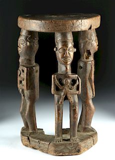 20th C. African Zela Wood Stool w/ Human Figures