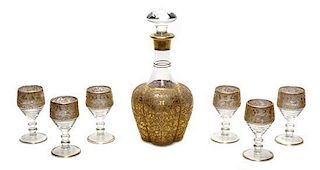 A Moser Style Gilt Decorated Cameo Glass Cordial Set, Height of first 10 1/2 inches.