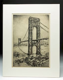 Signed Schutz Etching "George Washington Bridge" 1920s