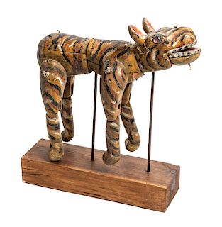 Carved Wood Folk Art Figure of a Tiger Height overall 14 1.2 x length 12 x width 3 3/4 inches