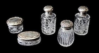 A Five Piece American Silver Mounted Cut Glass Dresser Set, Height of tallest 5 inches.
