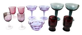 A Collection of Molded and Cut Glass Colored Stemware, Height of tallest 6 3/4 inches.