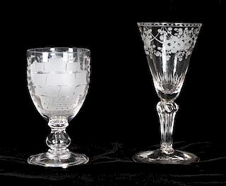 Two Continental Engraved Blown Glass Goblets, Height of first 6 5/8.