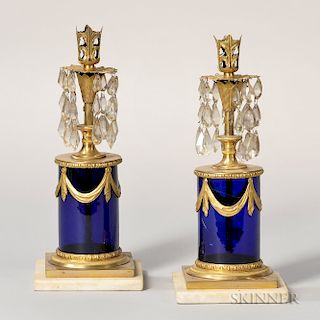 Pair of Neoclassical Cobalt Glass and Gilt-bronze Candlesticks