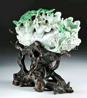 20th C. Chinese Jade Birds on a Branch w/ Wood Stand