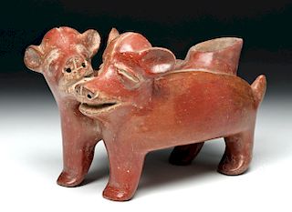 Superb Colima Redware Vessel - Two Headed Dogs
