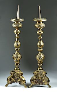 18th C. Italy Brass & Wood Prickets / Altar Sticks (pr)