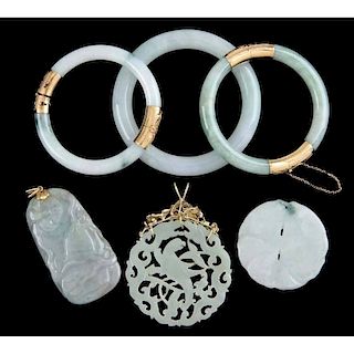 Group of Six Pieces Chinese Jade Jewelry