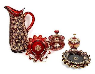 A Collection of Victorian Ruby Glass Table Articles, Height of tallest 12 inches.