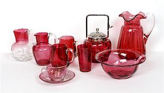 A Collection of Victorian Cranberry Glass Articles, Height of tallest 7 1/4 inches.