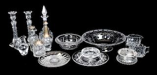 A Collection of Fifteen Molded, Etched, or Cut Glass Serving Articles, Height of tallest 10 1/2 inches.
