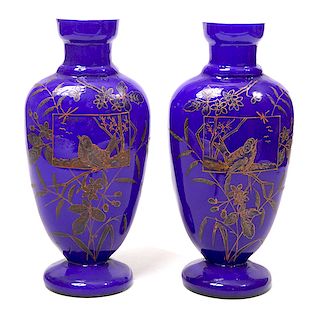 Song Bird Cased Cobalt Vases