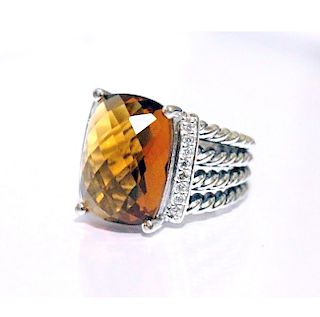 David Yurman 925 Sterling Silver Wheaton Ring with Citrine and Diamonds Size 6 