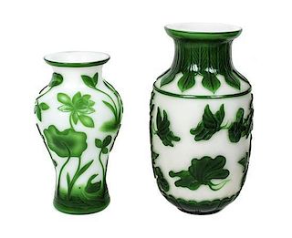 Two Chinese Green Overlay Peking Glass Vases, Height of tallest 10 1/2 inches.