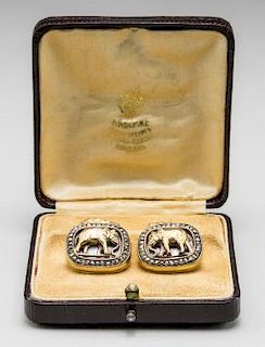 Russian Silver Diamond Enamel Elephant Cufflinks