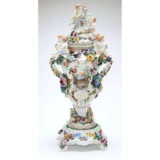 Dresden Three Part Figural and Floral Urn