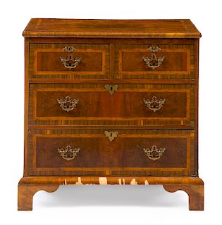 A George III Burl Walnut Chest of Drawers Height 31 x width 31 1/4 x depth 16 3/4 inches.