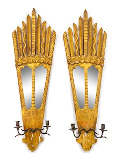 A Pair of Italian Giltwood Sconces Height 34 1/2 inches.