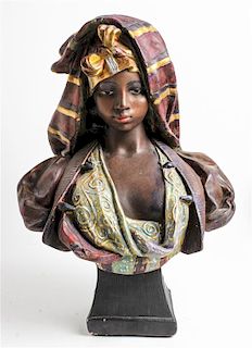 * A Painted Wood Bust of an Arab Woman Height 19 1/2 inches.