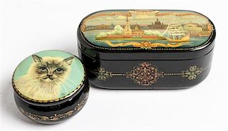* Two Russian Lacquer Boxes Width of first 3 1/2 inches.