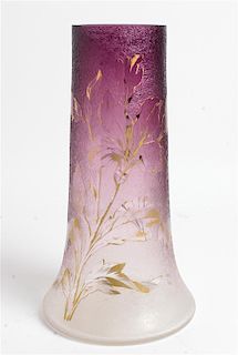 * An Art Nouveau Gilt Decorated Mottled Glass Vase Height 10 inches.