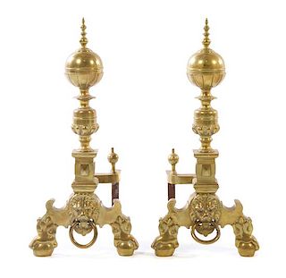 * A Pair of Baroque Style Brass Andirons Height 22 1/2 inches.