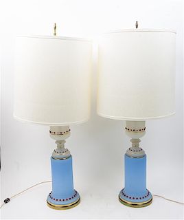 A Pair of Opaline Glass Table Lamps Height overall 39 inches.