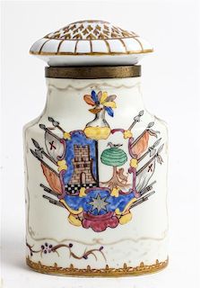 A Continental Painted Porcelain Tea Caddy Height 6 1/4 inches.