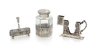 A German Silver Mounted Etched Glass Jar, 19th/20th Century, together with a German silver card/match holder and a German silver