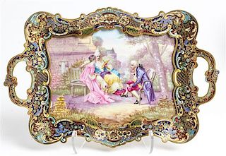 A Continental Painted Porcelain Inset Enameled Metal Tray Width 14 1/4 inches.