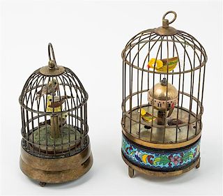 A Group of Two Birdcage Automaton Clocks Height of tallest 8 1/4 inches.