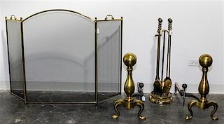 An Assembled Suite of Brass Fireplace Equipment Height of andirons 21 1/4 inches.