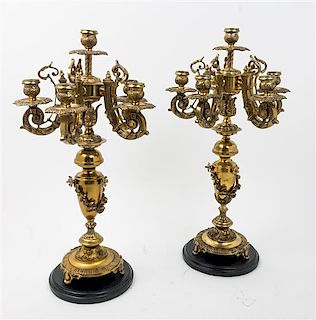 * A Pair of Victorian Style Gilt Metal Six-Light Candelabra Height 19 1/2 inches.