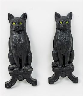 * A Pair of American Iron Cat Form Andirons Height 16 1/2 inches.