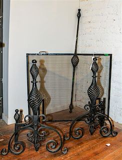 * A Pair of Wrought Iron Fireplace Andirons Height of screen 30 3/4 inches.