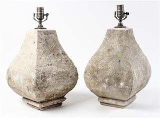 * A Pair of Carved Stone Lamps Height overall 28 1/2 inches.