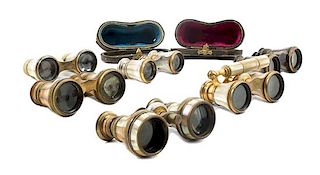 * A Collection of Six Mother-of-Pearl Veneered Opera Glasses Width of widest 4 1/4 inches.