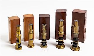 A Group of Five Cased and Lacquered Brass Drum Microscopes Height of tallest 7 3/4 inches.