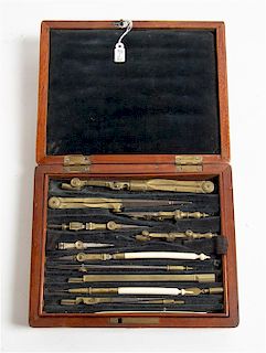 An English Cased Drawing Set Length of longest tool 6 1/4 inches.