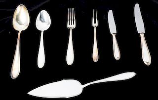 A German WMF Alpaca Flatware Service, , comprising 12 dinner knives 11 luncheon knives 12 fruit knives 12 dinner forks 11 salad