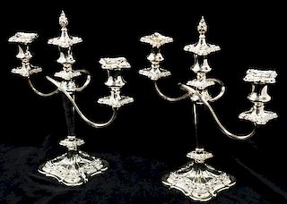 A Pair of English Silver-Plate Three Light Candelabra, Ellis-Barker Height 15 inches.