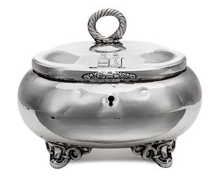 * A German Silver Tea Caddy, D. Vollgold & Sohne, Late 19th/Early 20th Century, having a handle decorated as a cord of rope surm