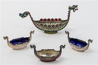 A Group of Four Swedish Silver Salts, 20th Century, each in the form of a Viking ship, comprising a champleve enamel example, on