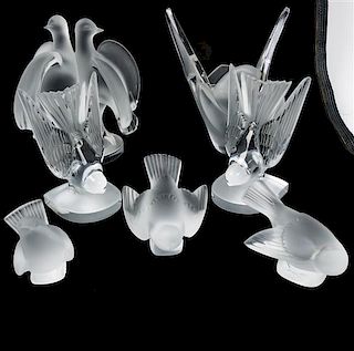 * A Collection of Lalique Bird Figures Height of tallest 5 inches.