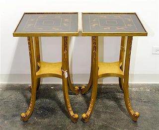 A Pair of Lacquered and Gilt Side Tables Height 27 1/2 x width 16 x depth 16 inches.
