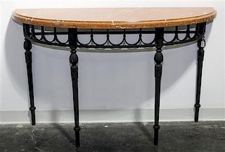 An Iron and Marble Console Table Height of base 32 1/4 x width 48 x depth 15 1/2 inches.